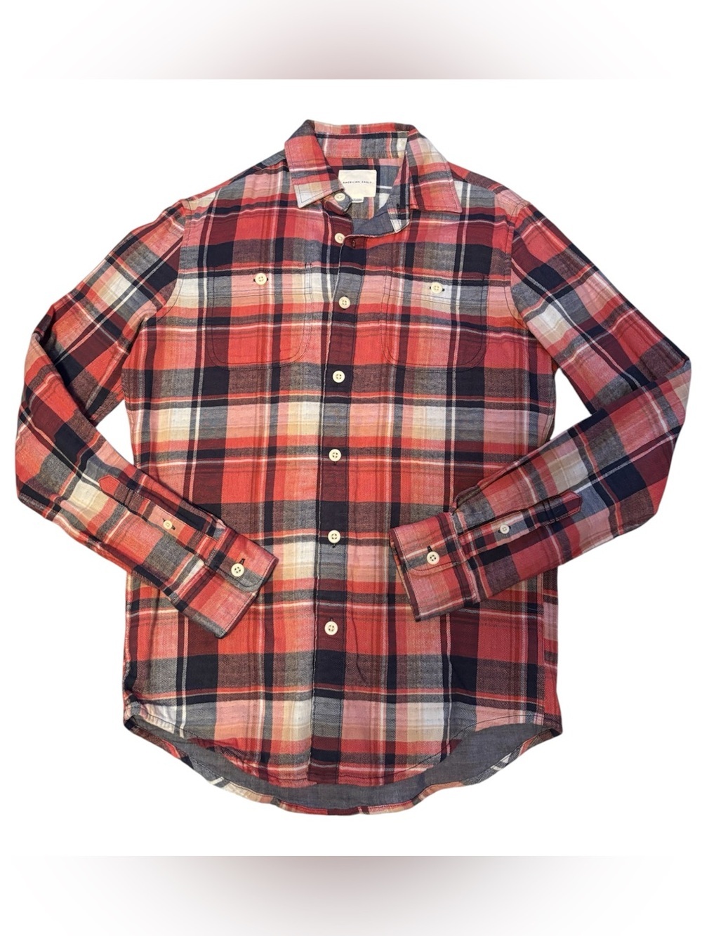 American Eagle Outfitters Red and Navy Plaid Button-Down Shirt